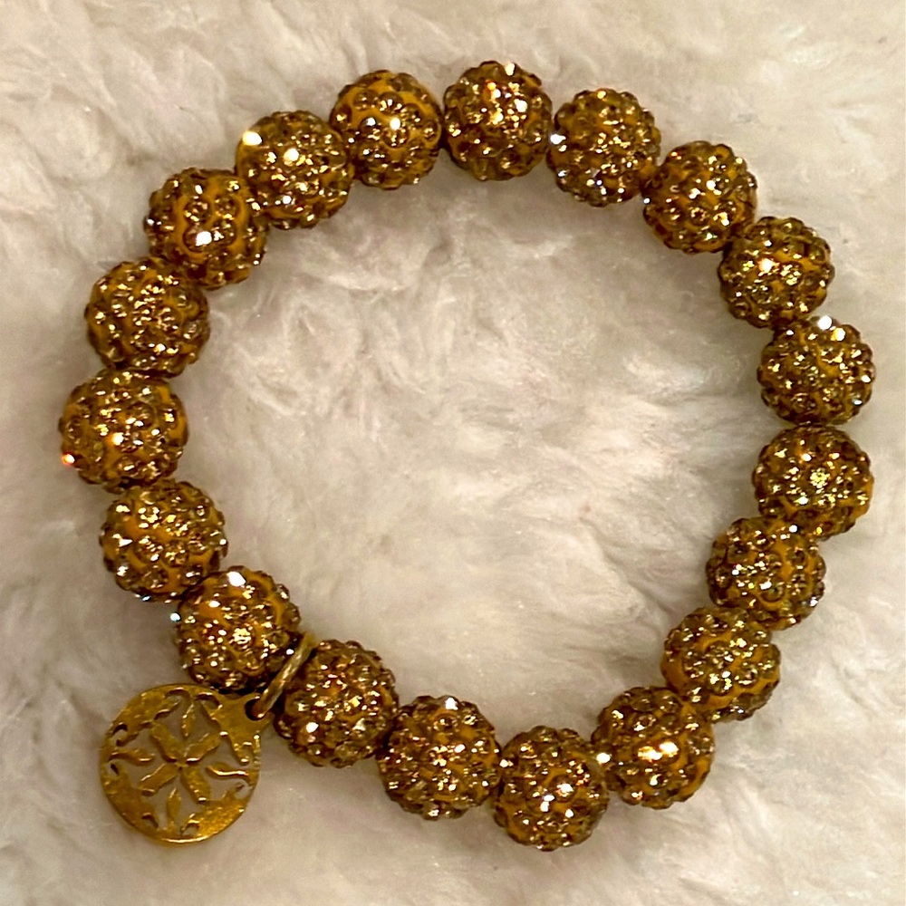 Rustic Cuff | Gold Rhinestone Beaded Stretch Brac… - image 1